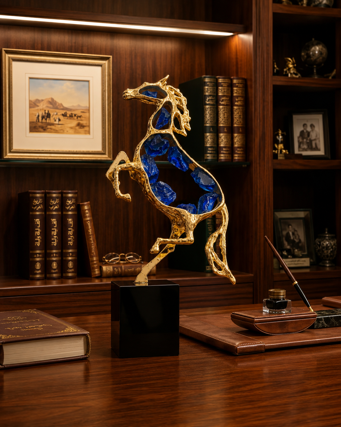 Gold & Blue Crystal Rearing Horse Sculpture