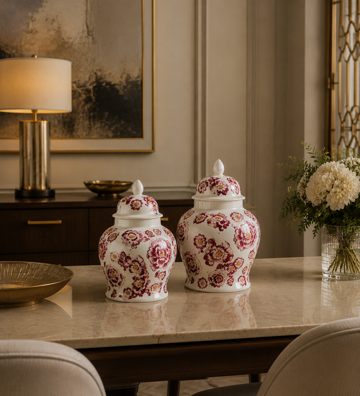 Floral Ginger Jar – Burgundy Blossom (Set of 2)