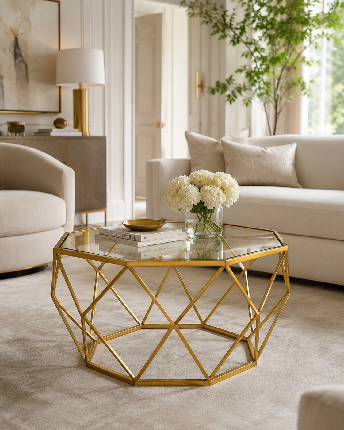 Geometric Gold Table – Octagonal Glass Top