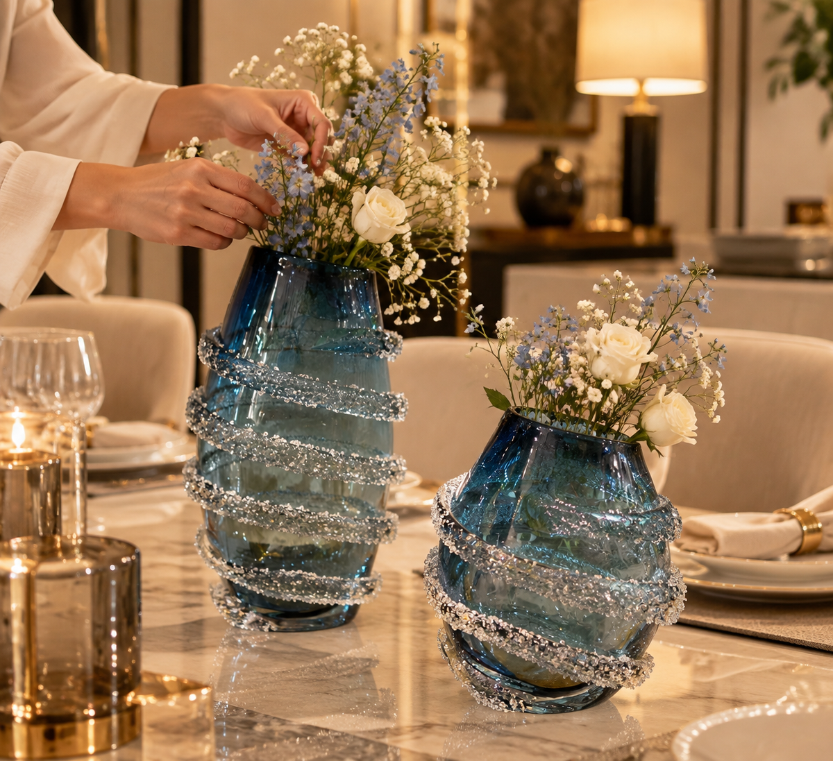 Blue Embellished Set Vases