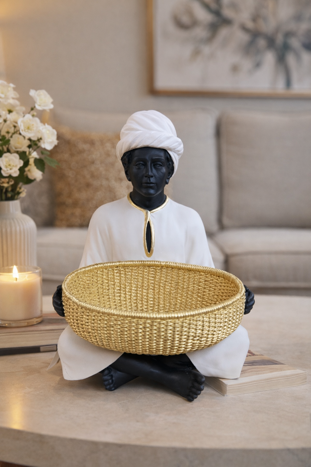 Seated Figure Basket Holder Sculpture