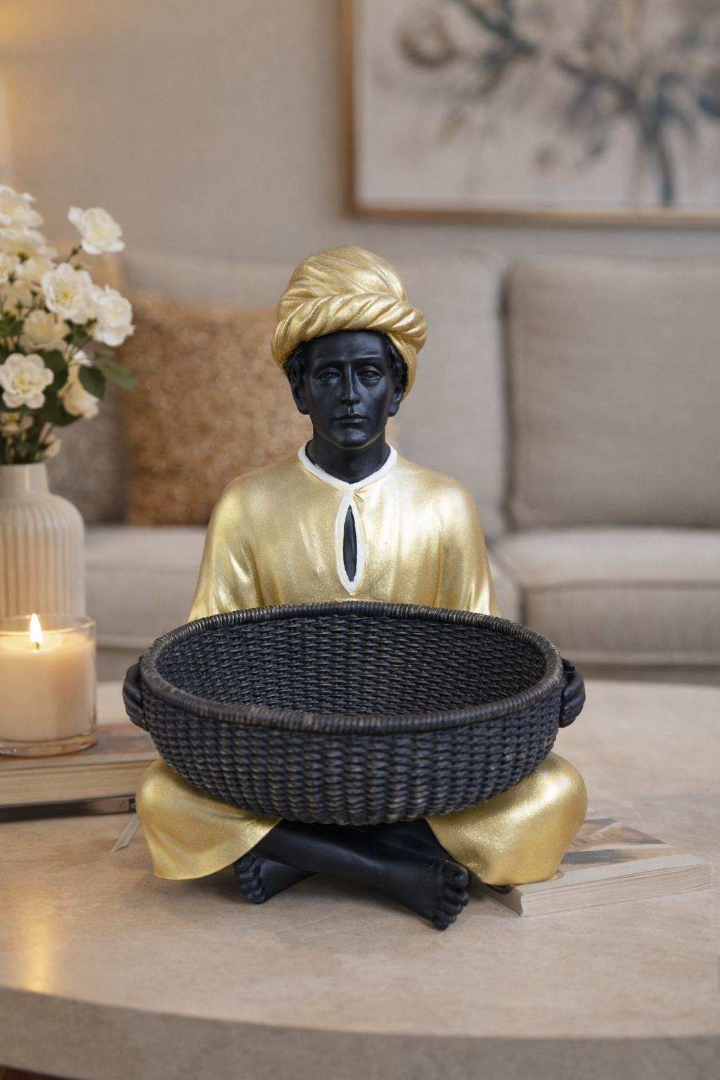 Seated Figure Basket Holder Sculpture
