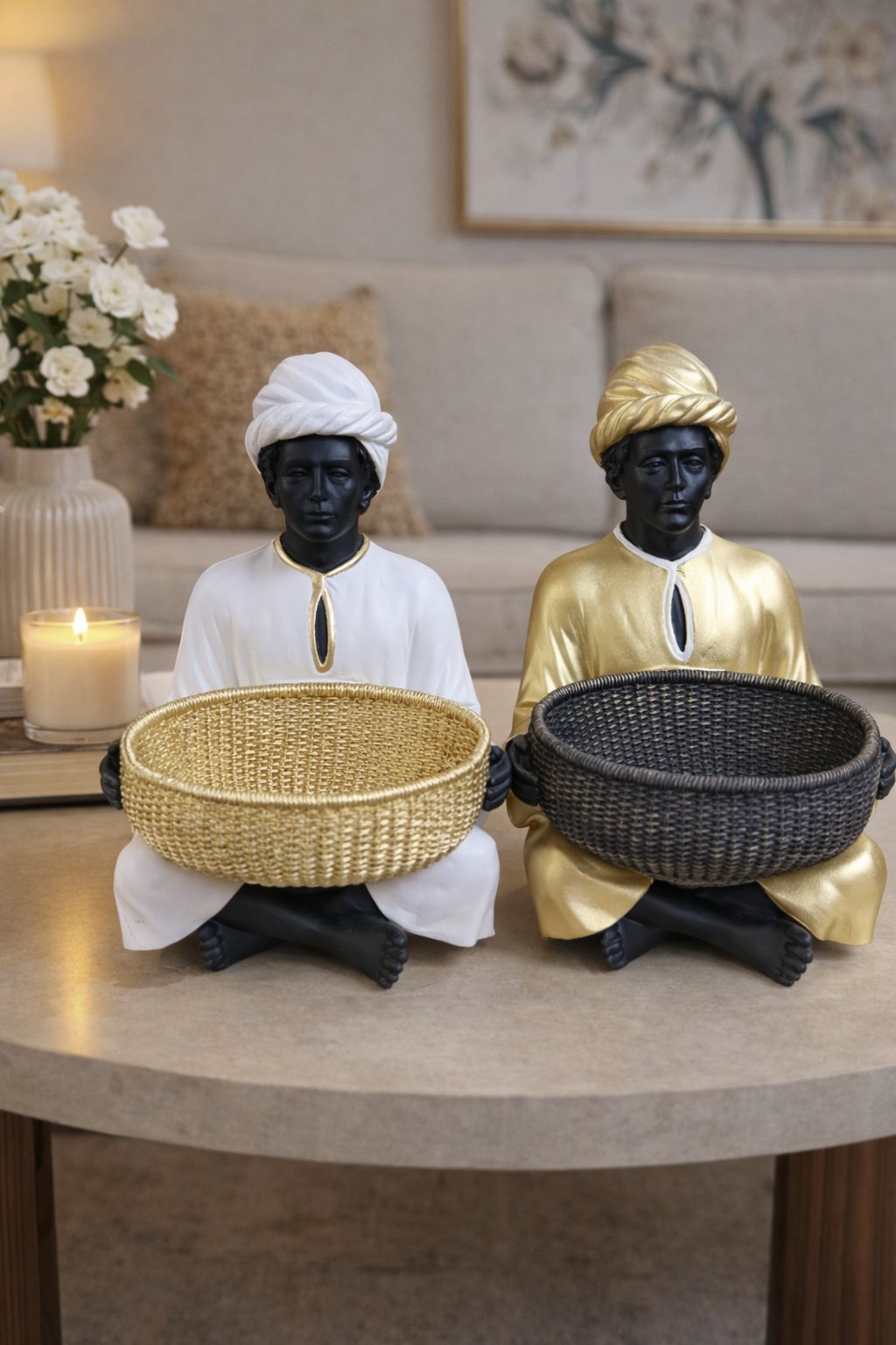 Seated Figure Basket Holder Sculpture