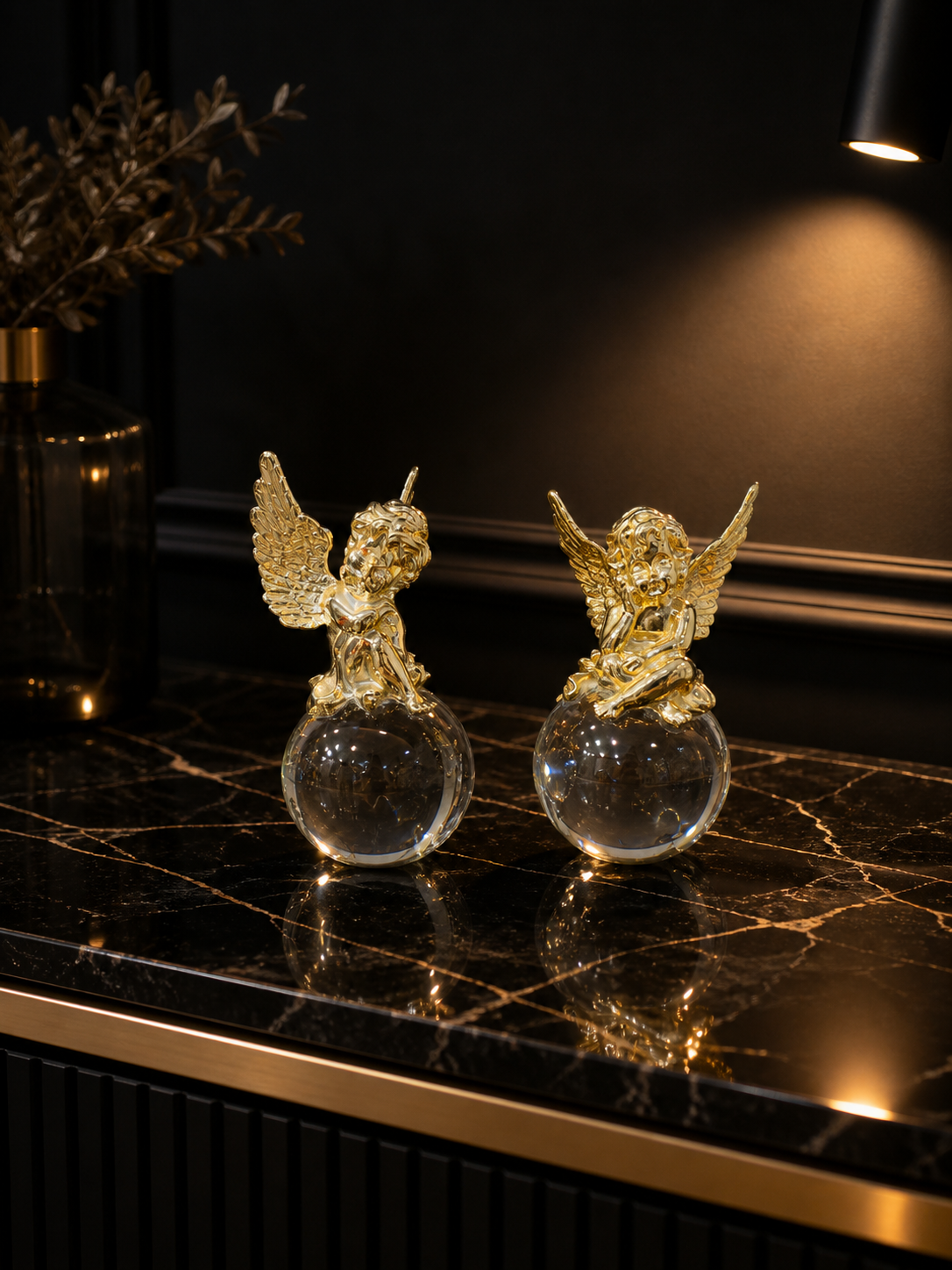 Gold Cherub Angel Crystal Ball Sculpture - Set of 2