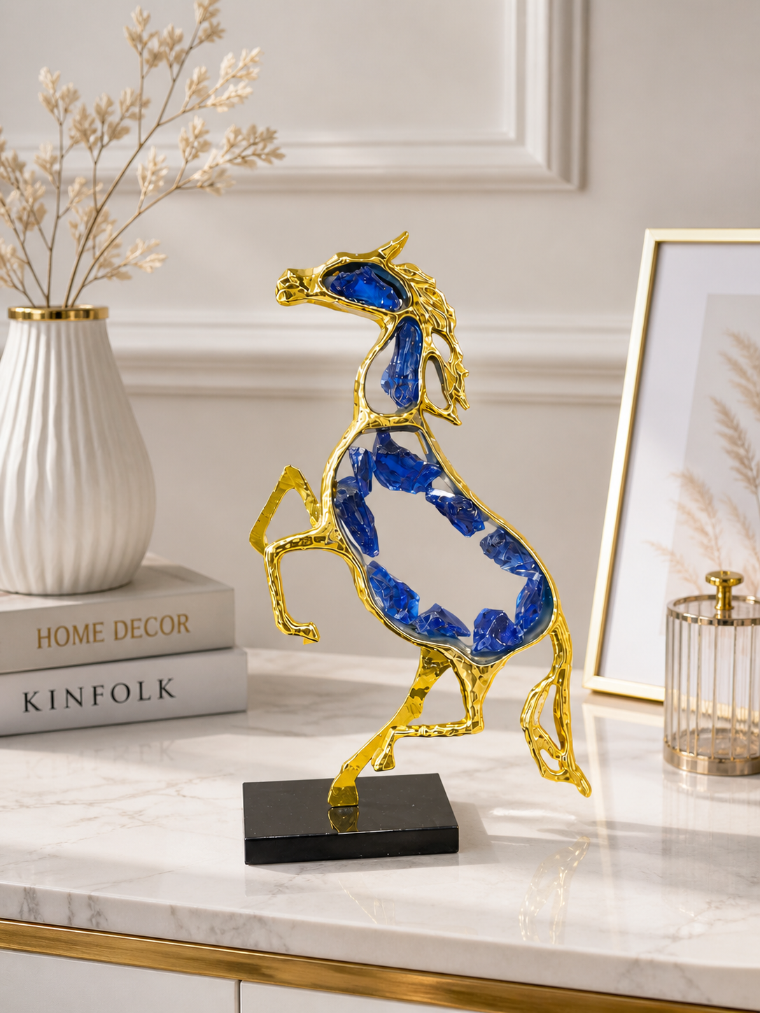 Gold & Blue Crystal Rearing Horse Sculpture