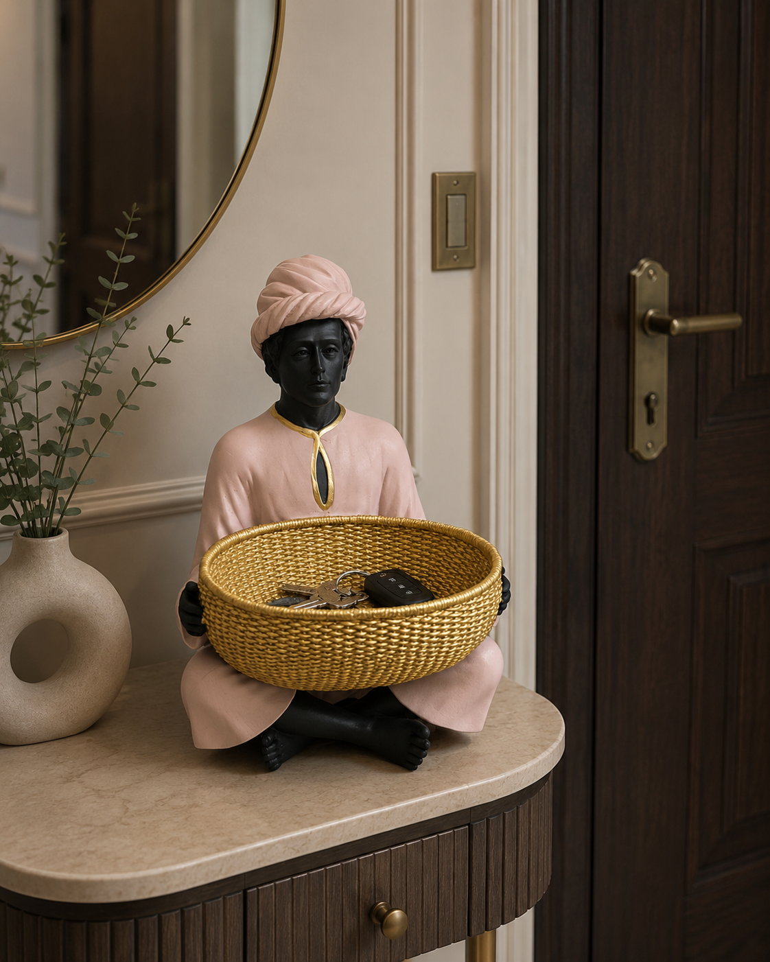 Seated Figure Basket Holder Sculpture