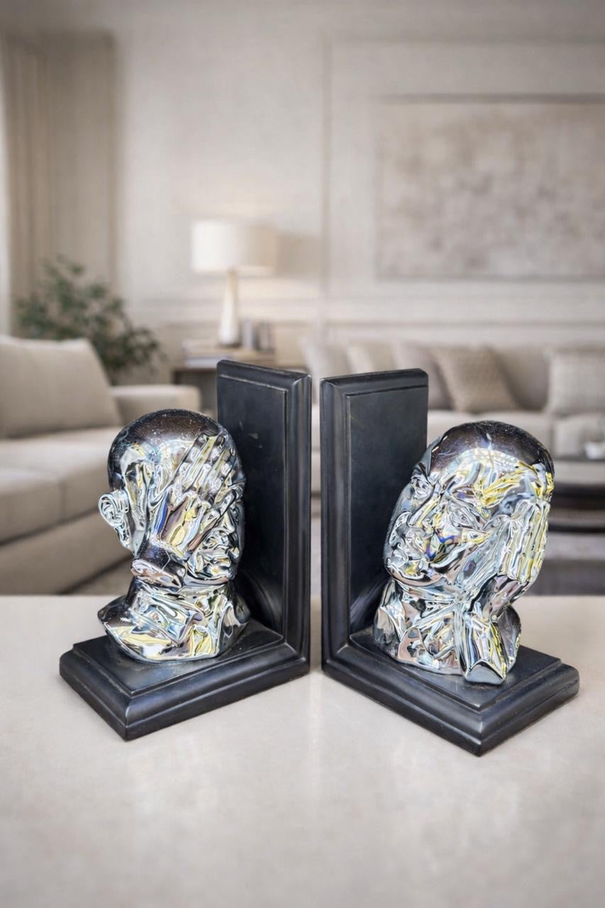 Abstract Face Sculpture Bookends - Modern Art Decor